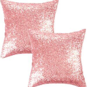 Pink Satin & Sequin Throw Pillow Cases Set of 2 Covers